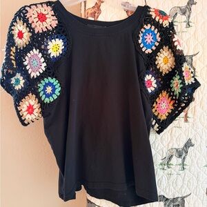 fab'rik Black Tee with Multicolor Crochet Sleeves